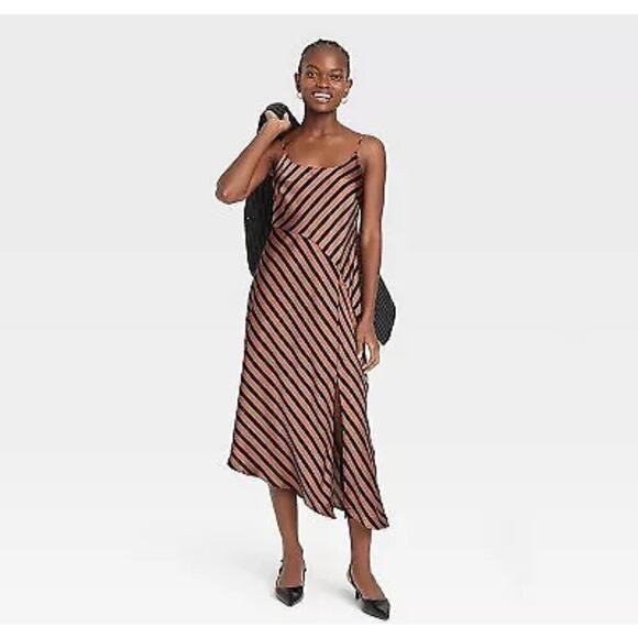 Women's Midi Slip Dress - A New Day Brown Striped S - Picture 2 of 4